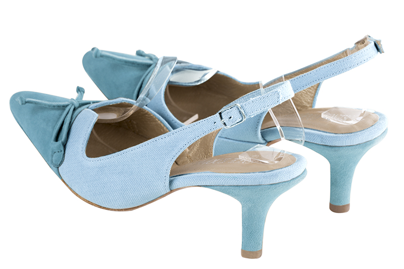 Sky blue women's dress pumps, with a knot on the front. Tapered toe. Medium slim heel. Rear view - Florence KOOIJMAN